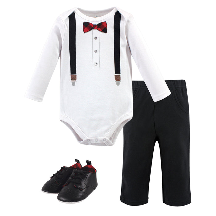 Little Treasure Baby Boy Cotton Bodysuit, Pant and Shoe 3 Piece Set, Lumberjack Bow Tie