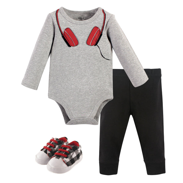 Little Treasure Baby Boy Cotton Bodysuit, Pant and Shoe 3 Piece Set, Red Headphones