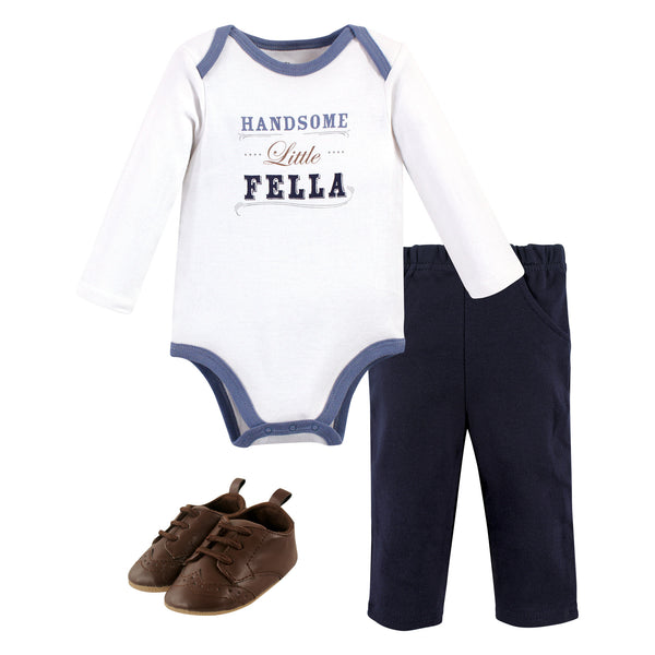 Little Treasure Baby Boy Cotton Bodysuit, Pant and Shoe 3 Piece Set, Handsome Fella