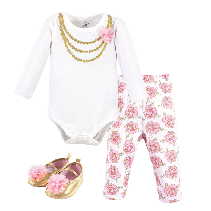 Little Treasure Baby Girl Cotton Bodysuit, Pant and Shoe 3 Piece Set, Gold Roses