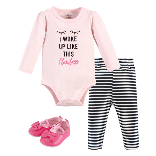 Little Treasure Baby Girl Cotton Bodysuit, Pant and Shoe 3 Piece Set, Flawless