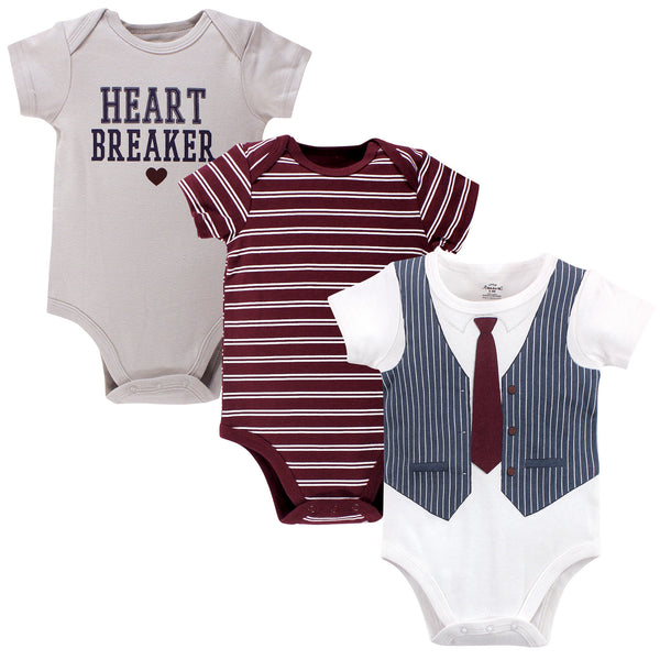 Little Treasure Baby Boy Cotton Bodysuits 3 Pack, Heart Breaker Navy