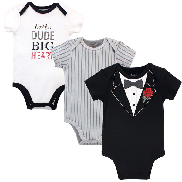 Little Treasure Baby Boy Cotton Bodysuits 3 Pack, Tuxedo Rose