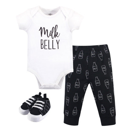 Little Treasure Baby Boy Cotton Bodysuit, Pant and Shoe 3 Piece Set, Milk Belly