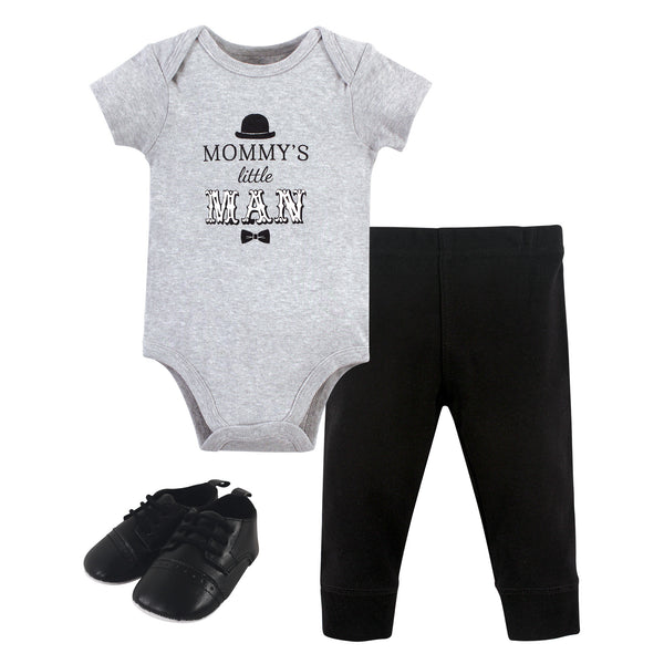 Little Treasure Baby Boy Cotton Bodysuit, Pant and Shoe 3 Piece Set, Mommys Man