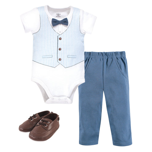 Little Treasure Baby Boy Cotton Bodysuit, Pant and Shoe 3 Piece Set, Light Blue Vest