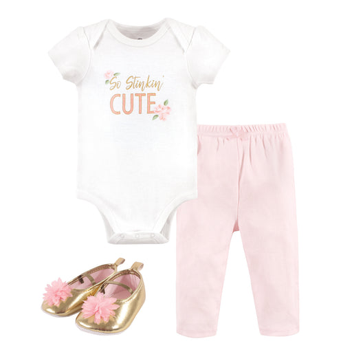 Little Treasure Baby Girl Cotton Bodysuit, Pant and Shoe 3 Piece Set, Stinkin Cute