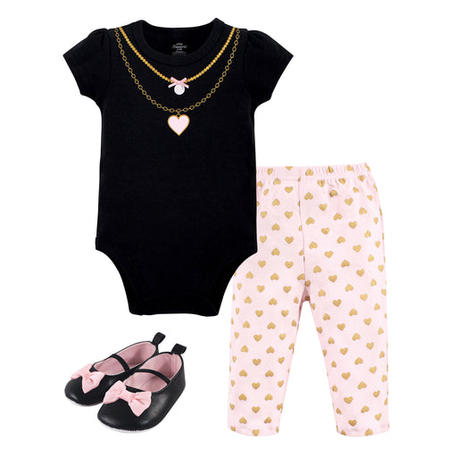 Little Treasure Baby Girl Cotton Bodysuit, Pant and Shoe 3 Piece Set, Heart Necklace
