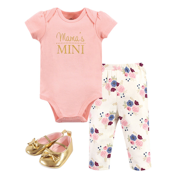 Little Treasure Baby Girl Cotton Bodysuit, Pant and Shoe 3 Piece Set, Mamas Mini