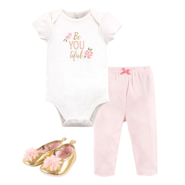 Little Treasure Baby Girl Cotton Bodysuit, Pant and Shoe 3 Piece Set, Beyoutiful