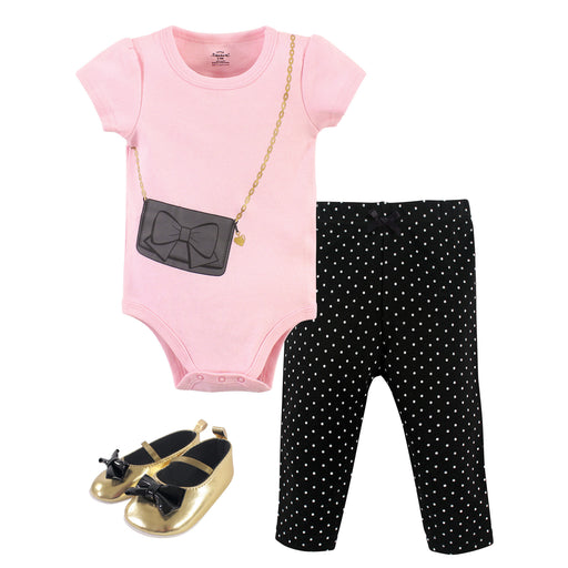 Little Treasure Baby Girl Cotton Bodysuit, Pant and Shoe 3 Piece Set, Classic Black Purse