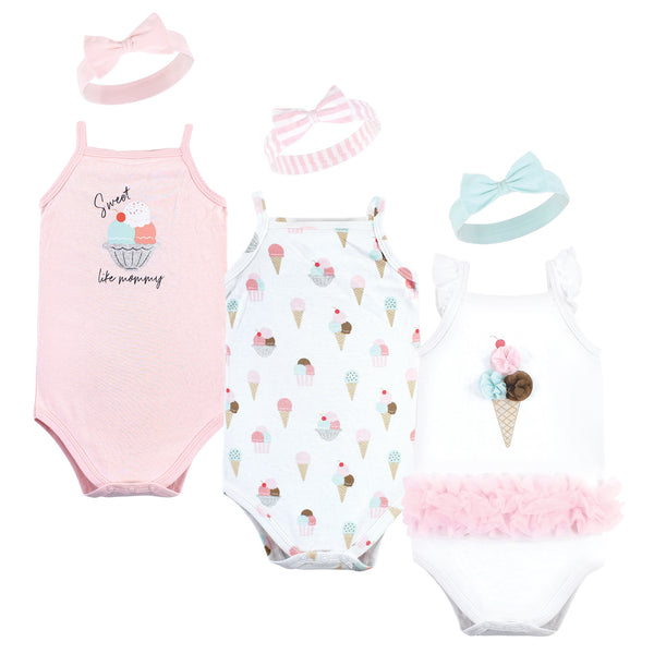 Little Treasure Baby Girl Sleeveless Bodysuit and Headband Set, Ice Cream Cone