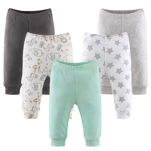 The Peanutshell Baby Boy or Baby Girl Pants Set 5 Pack Safari Black White Sage Stars
