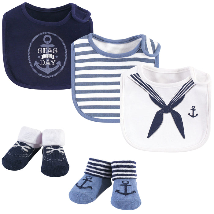 Little Treasure Baby Boy Cotton Bib and Sock Set 5 Pack, Sailor, One Size
