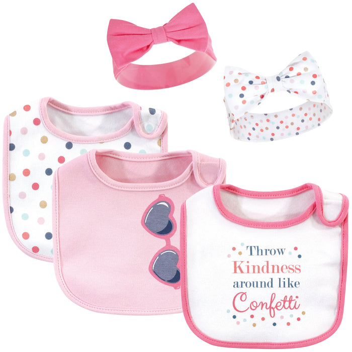 Little Treasure Baby Girl Cotton Bib and Headband Set 5 Pack, Confetti, One Size