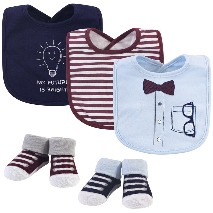 Little Treasure Baby Boy Cotton Bib and Sock Set 5 Pack, Genius, One Size