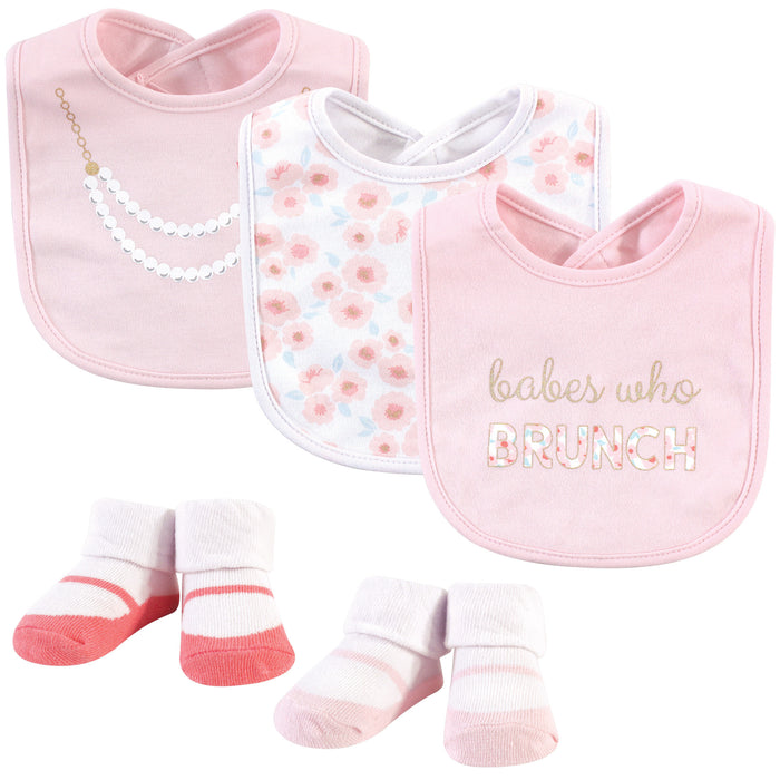 Little Treasure Baby Girl Cotton Bib and Sock Set 5 Pack, Brunch, One Size