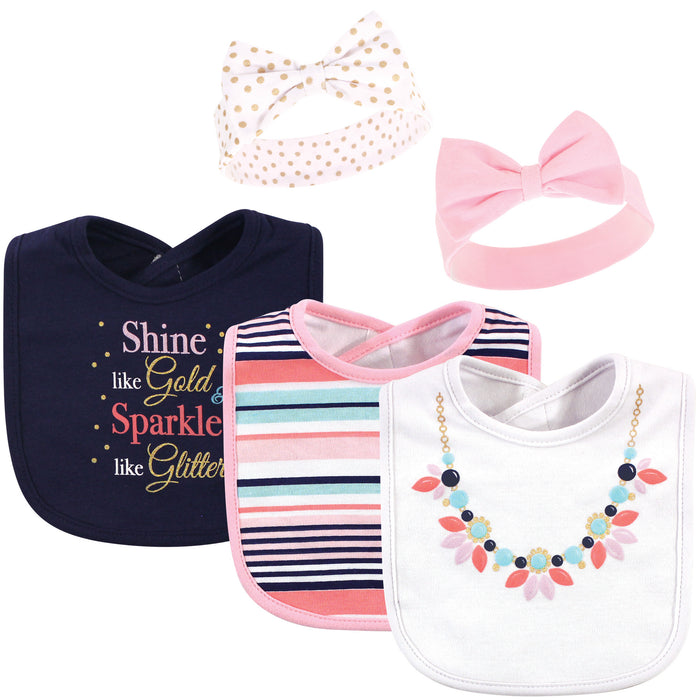 Little Treasure Baby Girl Cotton Bib and Headband Set 5 Pack, Sparkle Necklace, One Size