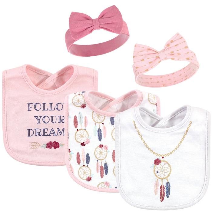 Little Treasure Baby Girl Cotton Bib and Headband Set 5 Pack, Dream Catcher, One Size