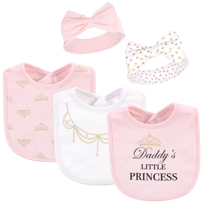 Little Treasure Baby Girl Cotton Bib and Headband Set 5 Pack, Daddys Princess, One Size
