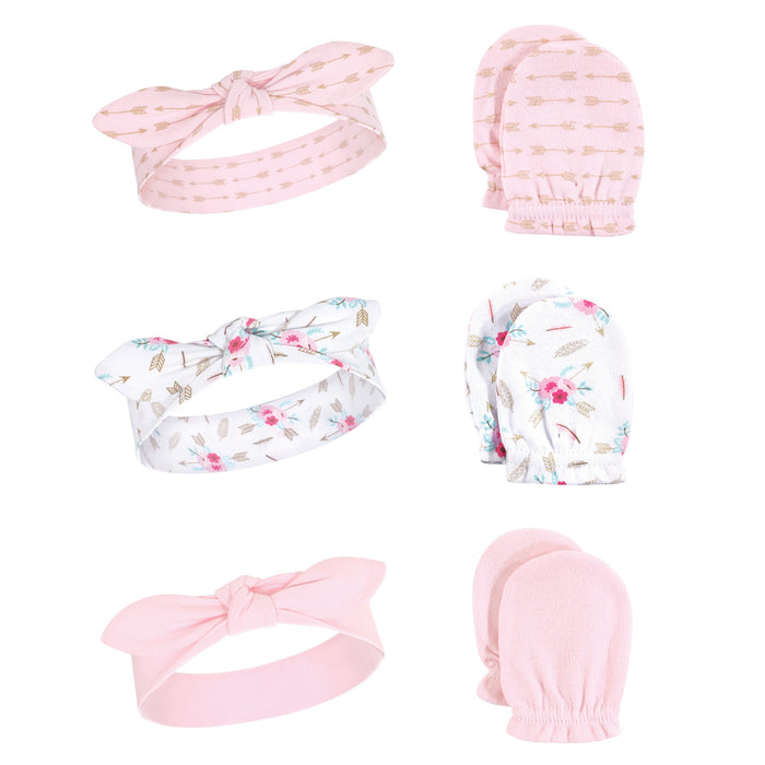 Little Treasure Baby Girl Cotton Headband and Scratch Mitten Set 6-Pack, Boho