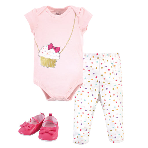 Little Treasure Baby Girl Cotton Bodysuit, Pant and Shoe 3 Piece Set, Cupcake