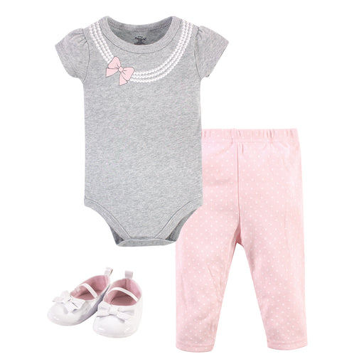 Little Treasure Baby Girl Cotton Bodysuit, Pant and Shoe 3 Piece Set, Gray Pink Pearls