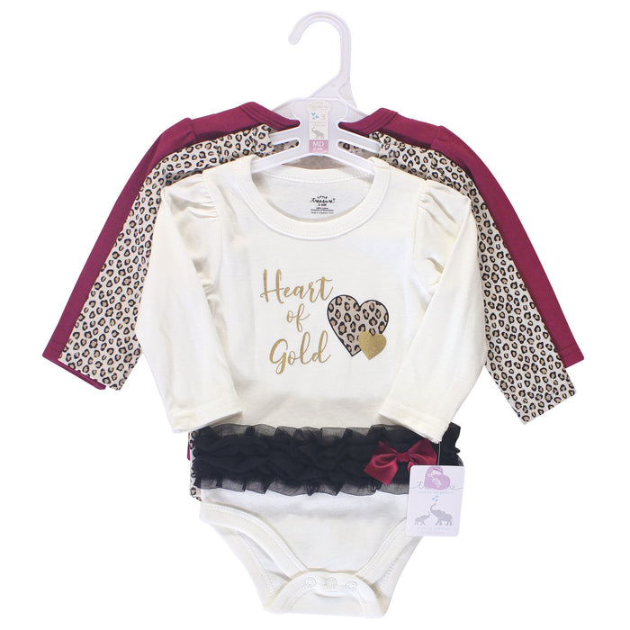 Little Treasure Baby Girl Cotton Long-Sleeve Bodysuits 3-Pack, Cream Heart Of Gold