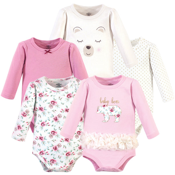 Little Treasure Baby Girl Cotton Long-Sleeve Bodysuits 5-Pack, Floral Baby Bear