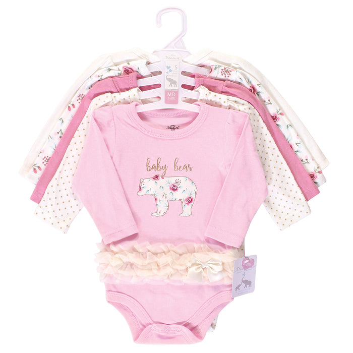 Little Treasure Baby Girl Cotton Long-Sleeve Bodysuits 5-Pack, Floral Baby Bear