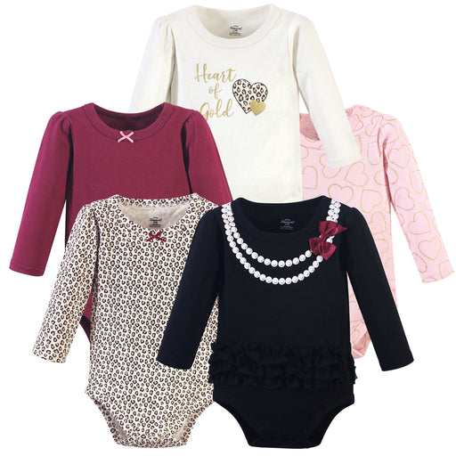 Little Treasure Baby Girl Cotton Long-Sleeve Bodysuits 5-Pack, Black Heart Of Gold