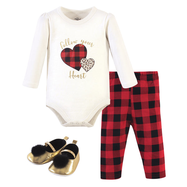 Little Treasure Baby Girl Cotton Bodysuit, Pant and Shoe 3 Piece Set, Buffalo Plaid Heart