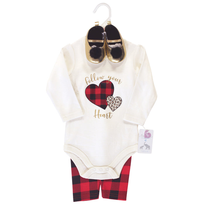 Little Treasure Baby Girl Cotton Bodysuit, Pant and Shoe 3 Piece Set, Buffalo Plaid Heart