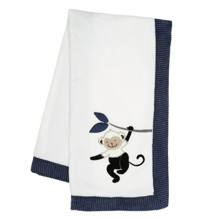 Lambs & Ivy Jungle Party White/Navy Monkey Soft Fleece Baby Blanket