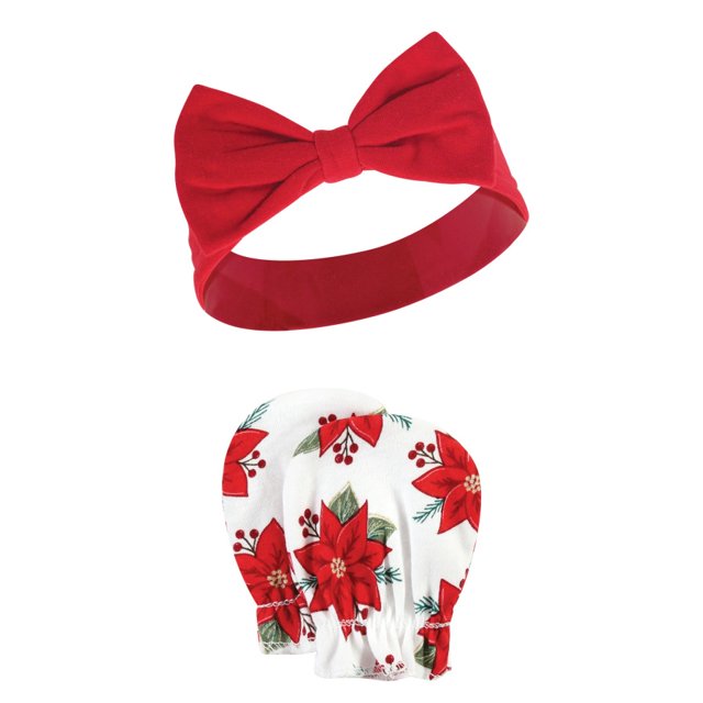 Hudson Baby Cotton Headband and Scratch Mitten Set, Poinsettia