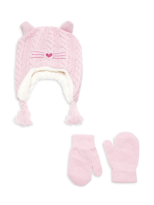 Capelli of New York Cable Knit Kitty with 3D Ears &  Mittens, Pink, 2-4T