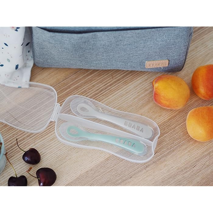BEABA Toddler's Self-Feeding Silicone Spoon - Travel Set of 2 - Cloud/Sage