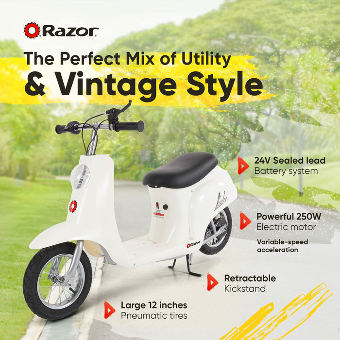 Razor Pocket Mod Miniature Euro 24V Electric Kids Ride On Retro Scooter, White