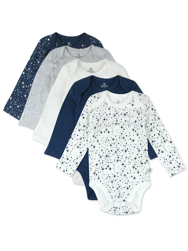 Honest Baby Clothing 5 Pack Organic Cotton Long Sleeve Bodysuit, Twinkle Star Navy