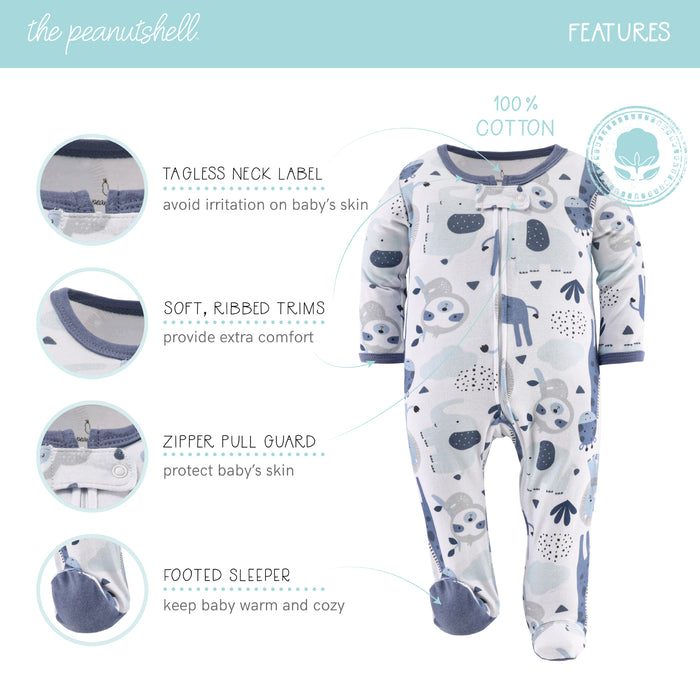 The Peanutshell Blue Safari Footed Baby Sleepers for Boys 3inPack