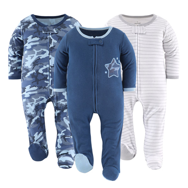 The Peanutshell Blue Camo Footed Baby Sleepers for Boys 3inPack