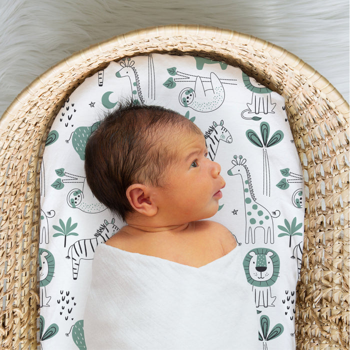 The Peanutshell Green Safari Bassinet Sheets, 4 Pack