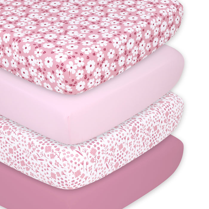 The Peanutshell Daisy Fitted Crib Sheet Set, 4 Pack