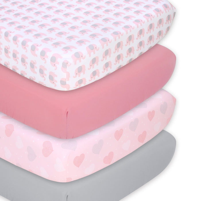 The Peanutshell Pink Elephant Fitted Crib Sheet Set, 4 Pack