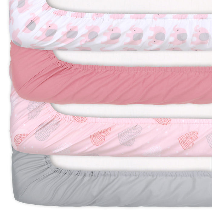 The Peanutshell Pink Elephant Fitted Crib Sheet Set, 4 Pack