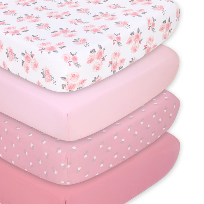 The Peanutshell Pink Floral Fitted Crib Sheet Set,  4 Pack