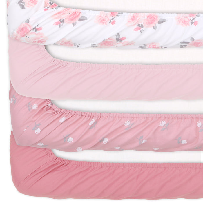 The Peanutshell Pink Floral Fitted Crib Sheet Set,  4 Pack