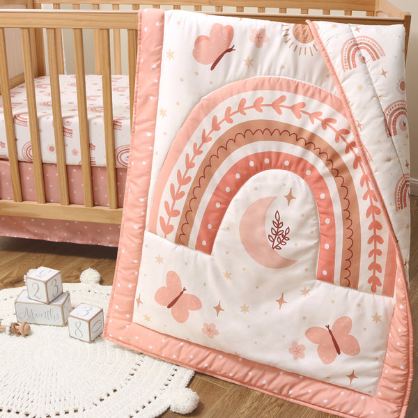 The Peanutshell Crib Bedding Set for Baby Girls, Boho Rainbow, 3 Pieces