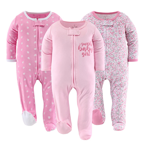 The Peanutshell Floral Love Footed Baby Sleepers 3-Pack