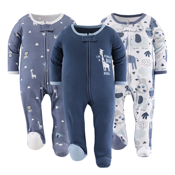 The Peanutshell Blue Safari Footed Baby Sleepers 3-Pack